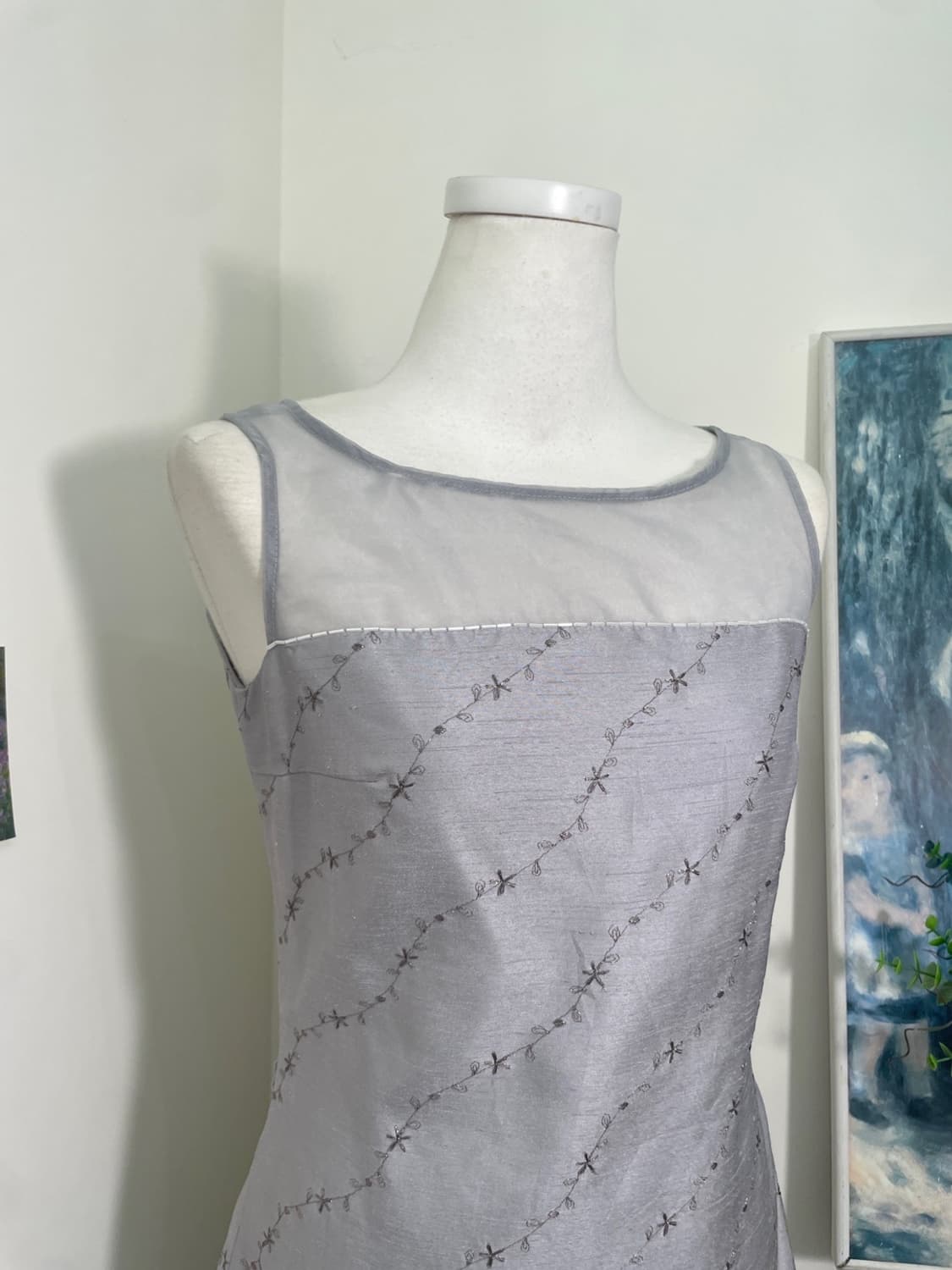sheer gray flower embroidery midi opc 상품이미지5