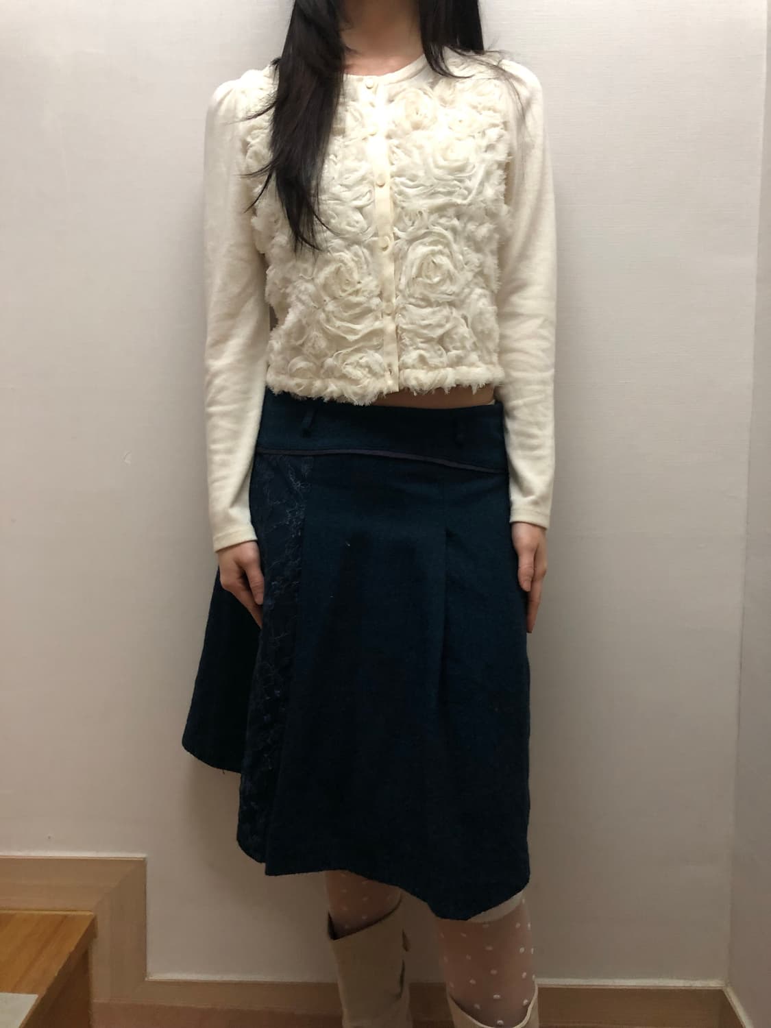 빈티지 다크네이비 레이스 울 플리츠 스커트 상품이미지5