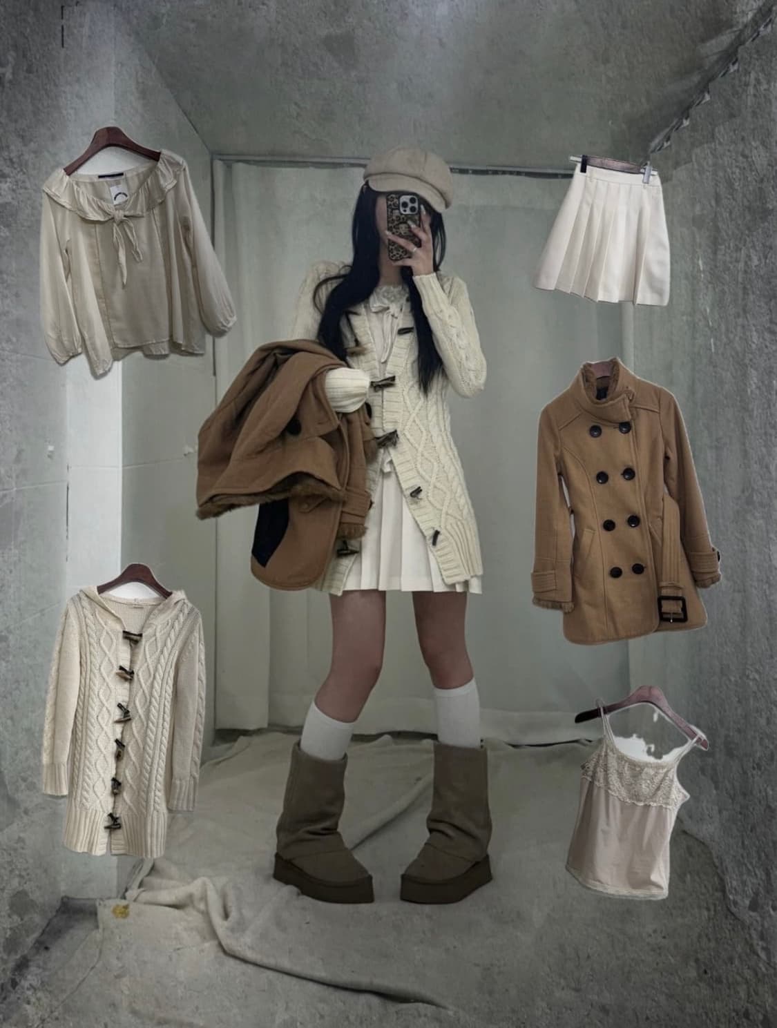 오네 라떼 갸루깔 브라운 코트 떡볶이 니트 후드 [스윙잉홍대 코디세트] 상품이미지1