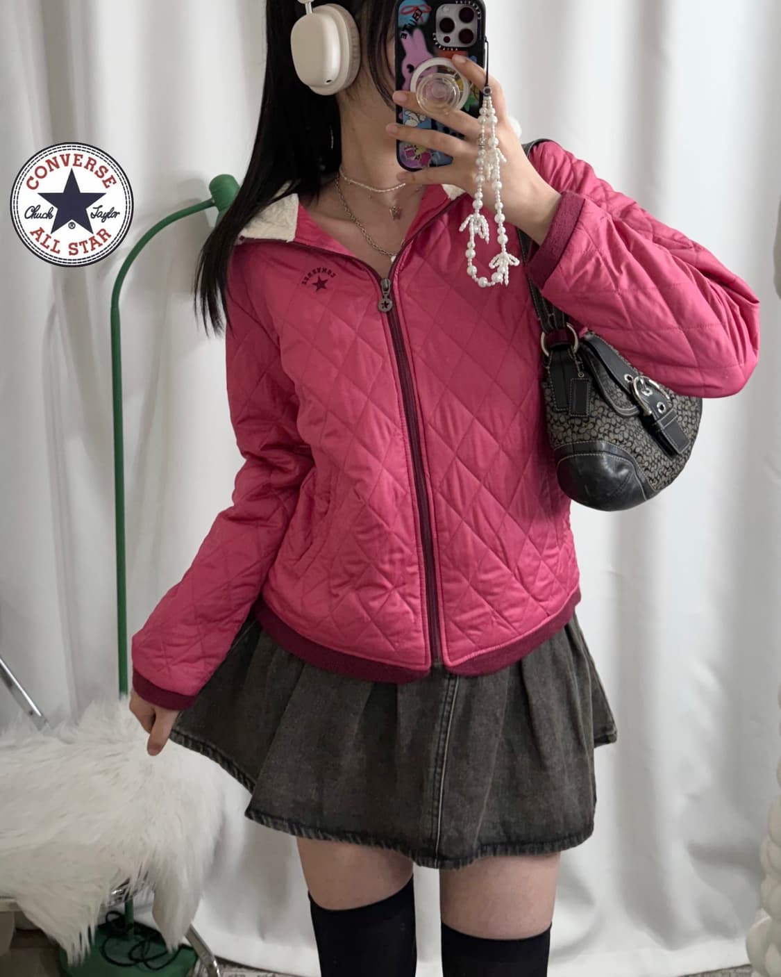 컨버스 핑크 퀼팅 후드 점퍼 상품이미지1