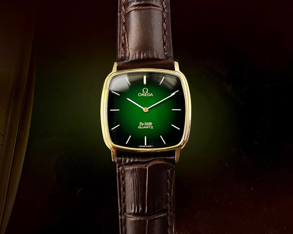 오메가 드빌 녹색투톤 로만 다이얼 쿼츠 남녀공용 가죽 시계 상품이미지8