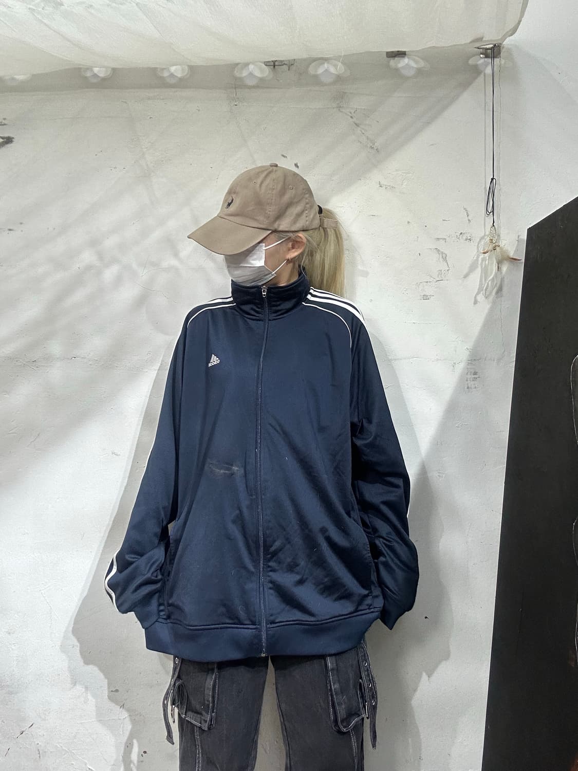 아디다스 네이비 화이트 삼선 스몰 로고 오버핏 트랙탑 져지 L 상품이미지2