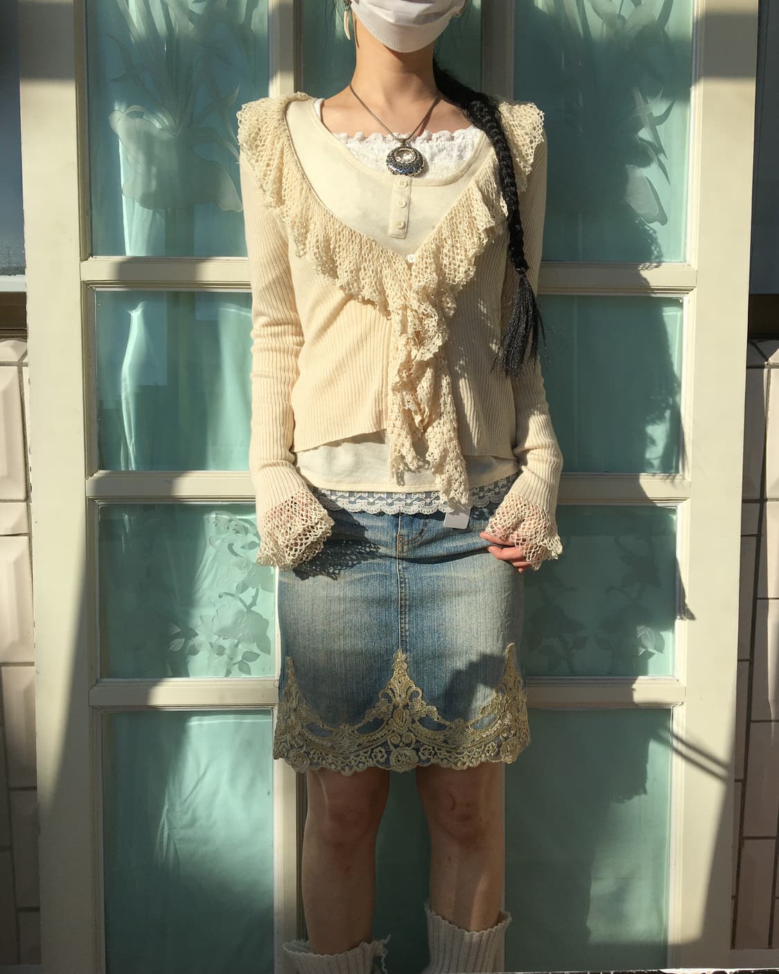 Crochet ruffle point ribbed knit cardiga 상품이미지1