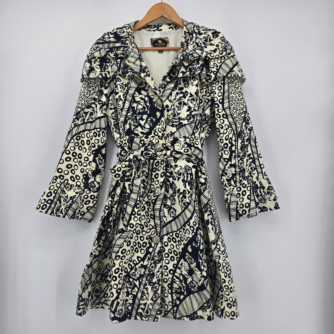 SARAH COLLECTION 패턴 벨트 원피스 프릴 카라 빈티지 여성 상품이미지1