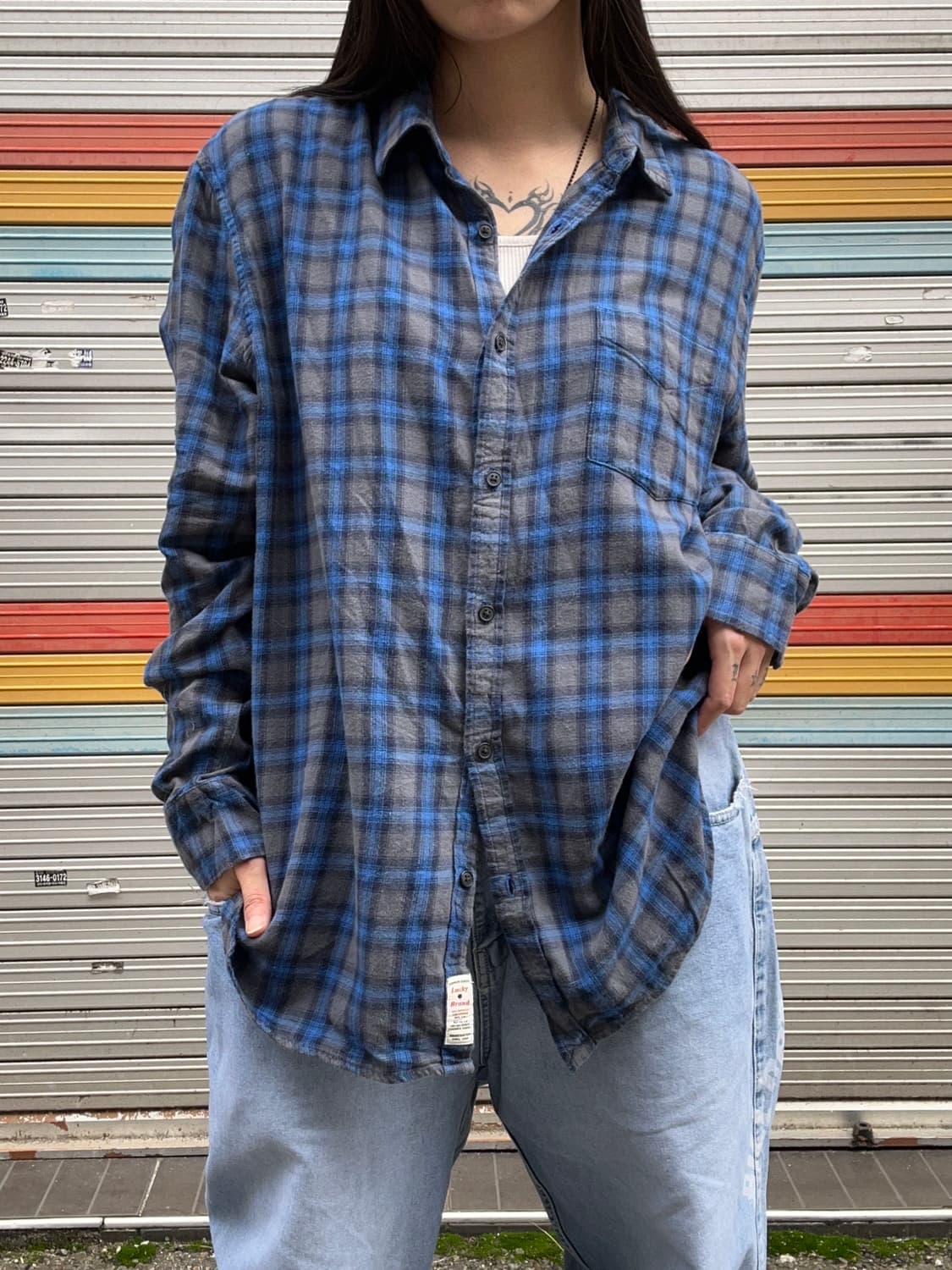90s 빈티지 블루 플란넬 체크셔츠 상품이미지1