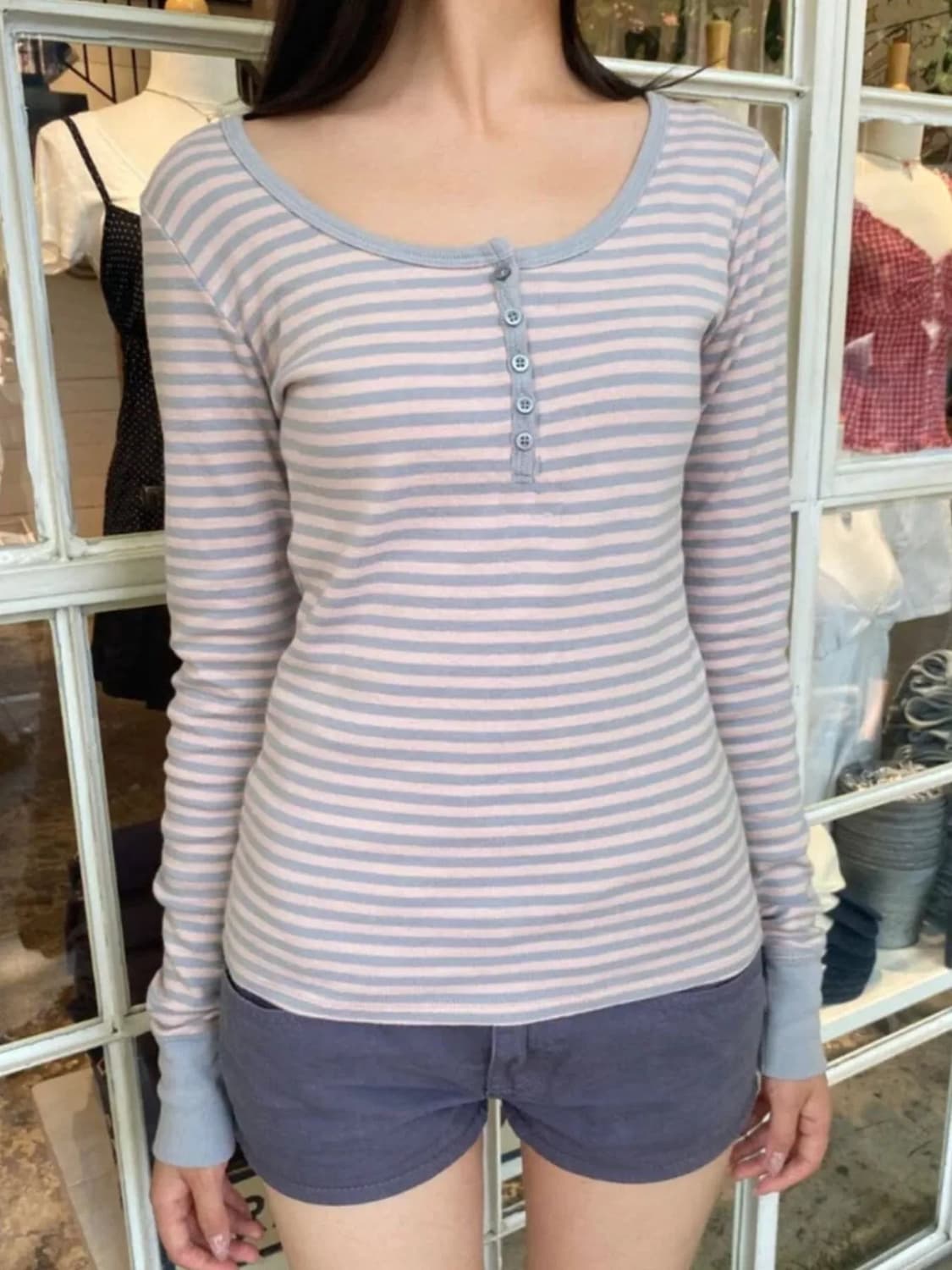 브랜디멜빌 젤리탑 헨리넥 스트라이프 롱슬리브 딸기우유 핑크그레이 상품이미지1