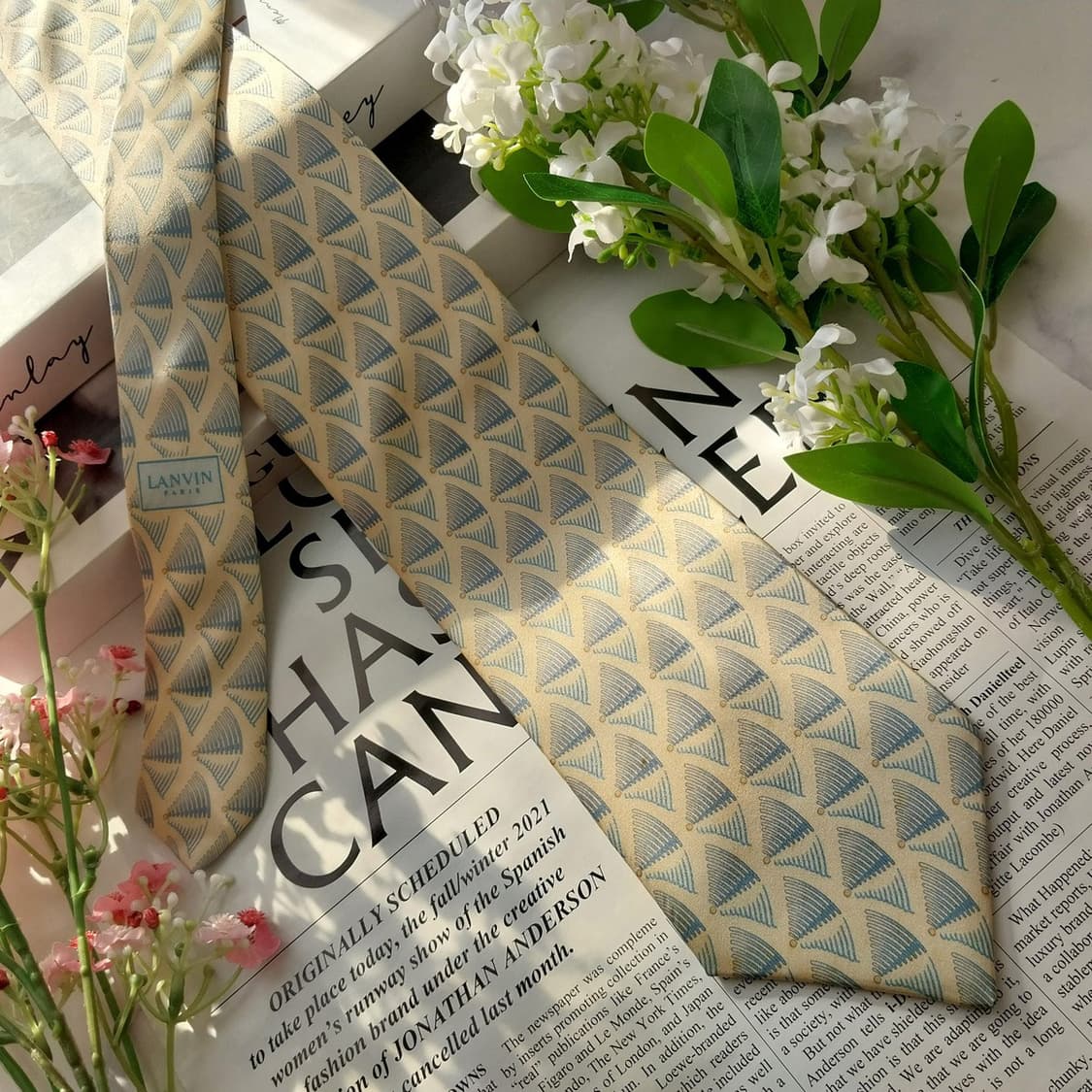 랑방 실크 아이보리 기하 패턴 넥타이 9cm A등급 K1729
 상품이미지4