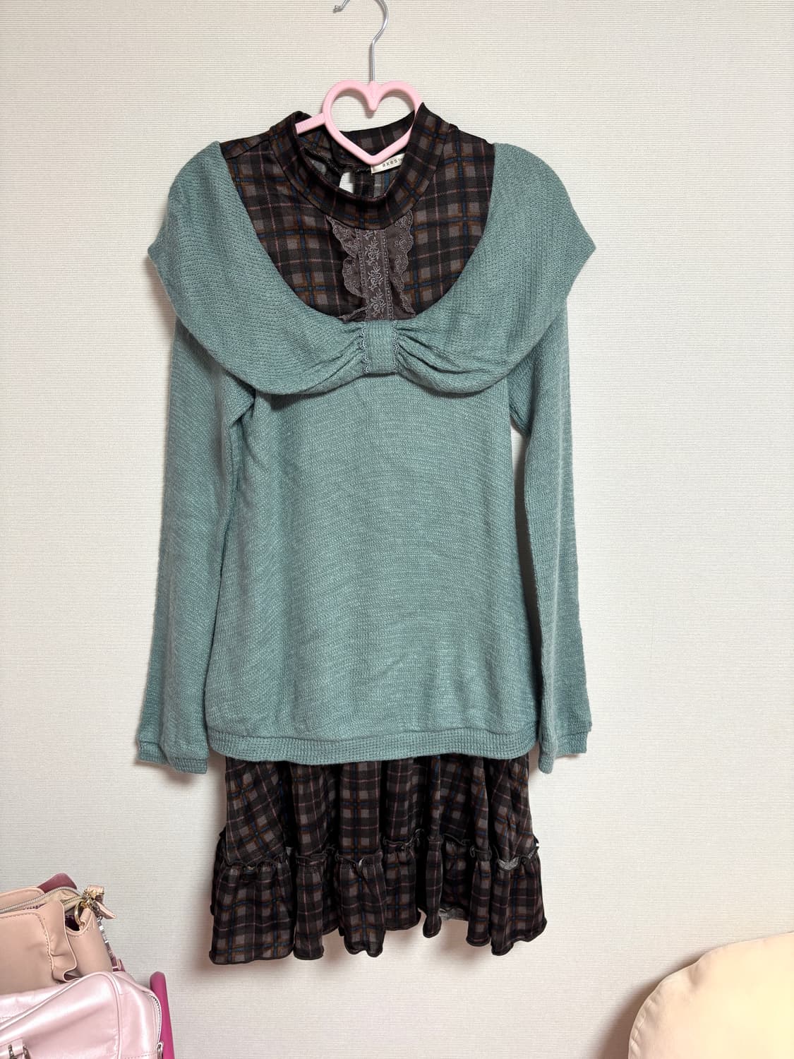 엑시즈팜 민트초코 리본 체크 원피스 상품이미지1