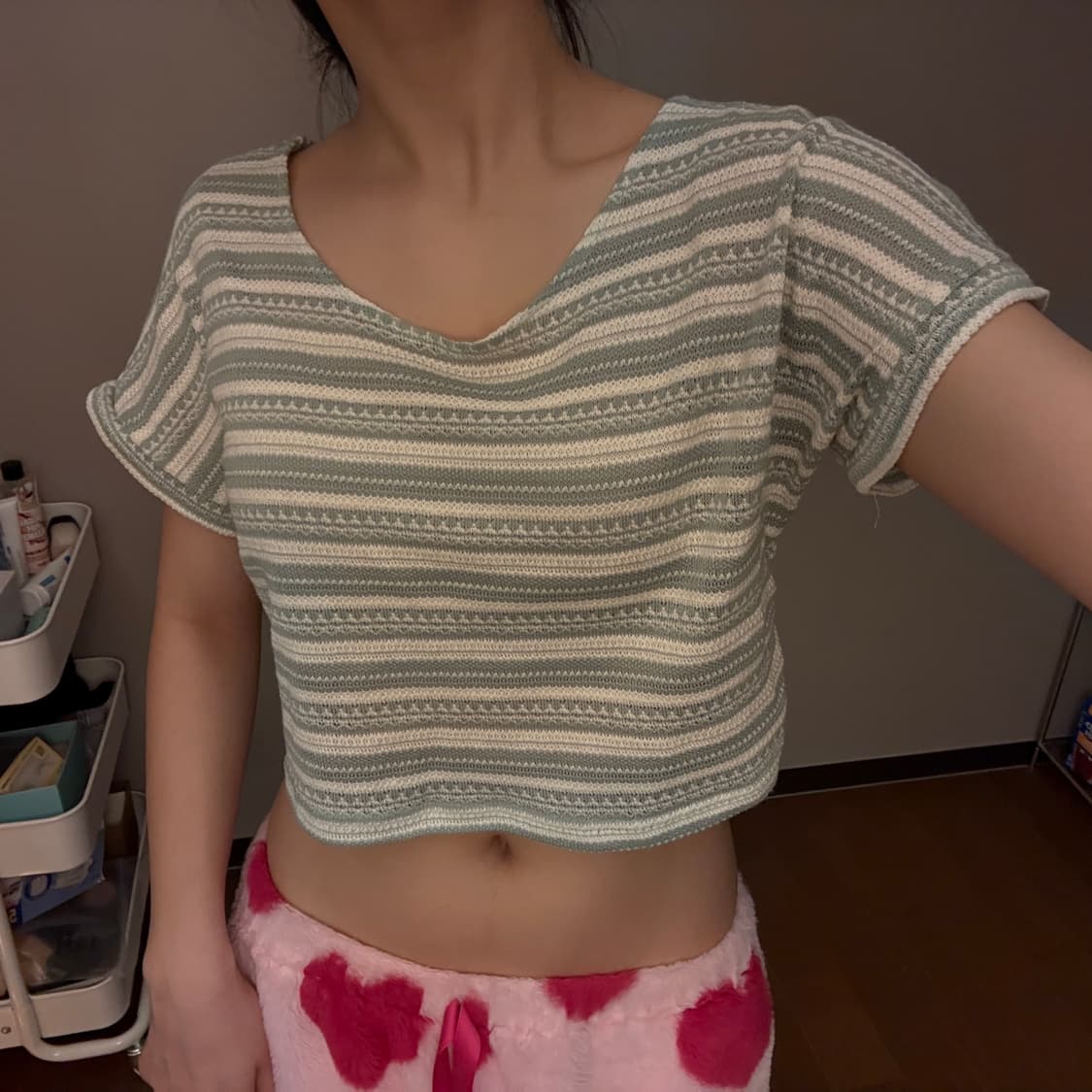 스트라이프 오프숄더 니트 셔링 크롭 반팔티 민트 그린 모리걸 하구미 상품이미지1