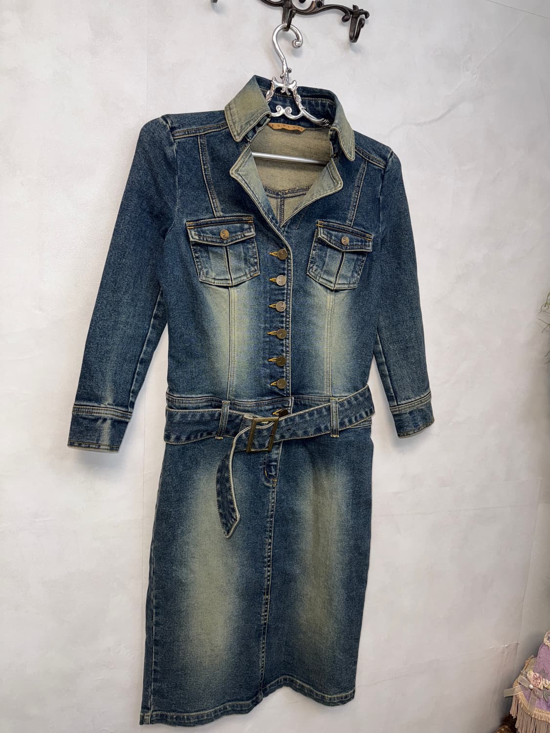 Egoist washing denim belted midi ops 상품이미지4