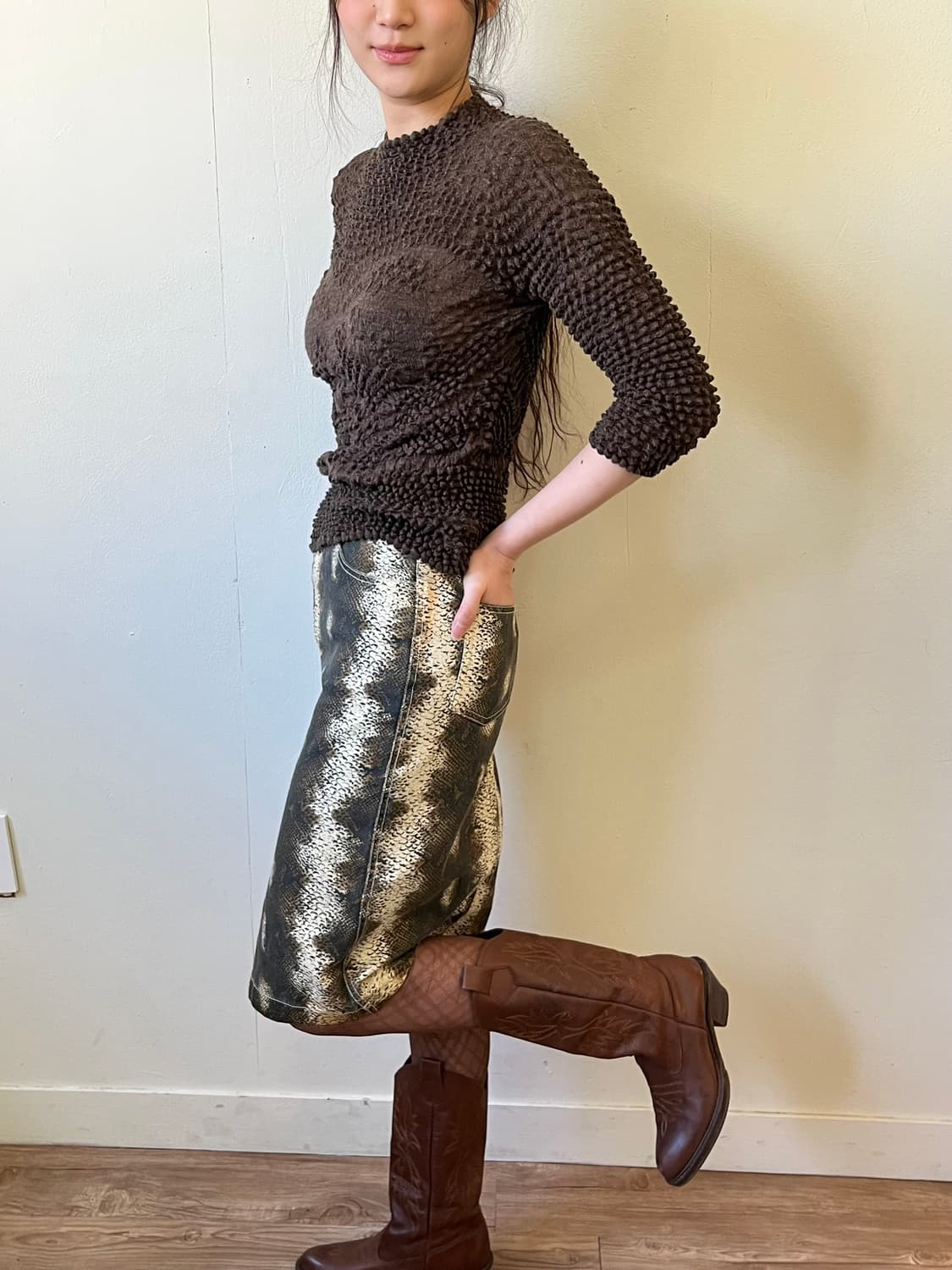 Japan Vtg 올리브 텍스쳐 탑 상품이미지4