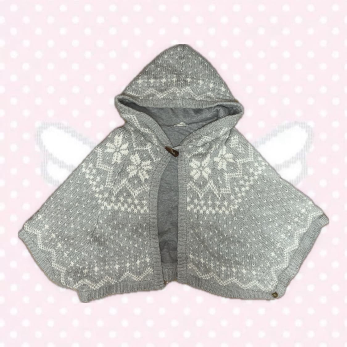 어스뮤직 그레이 노르딕 눈꽃 패턴 니트 후드 케이프 아우터 상품이미지1