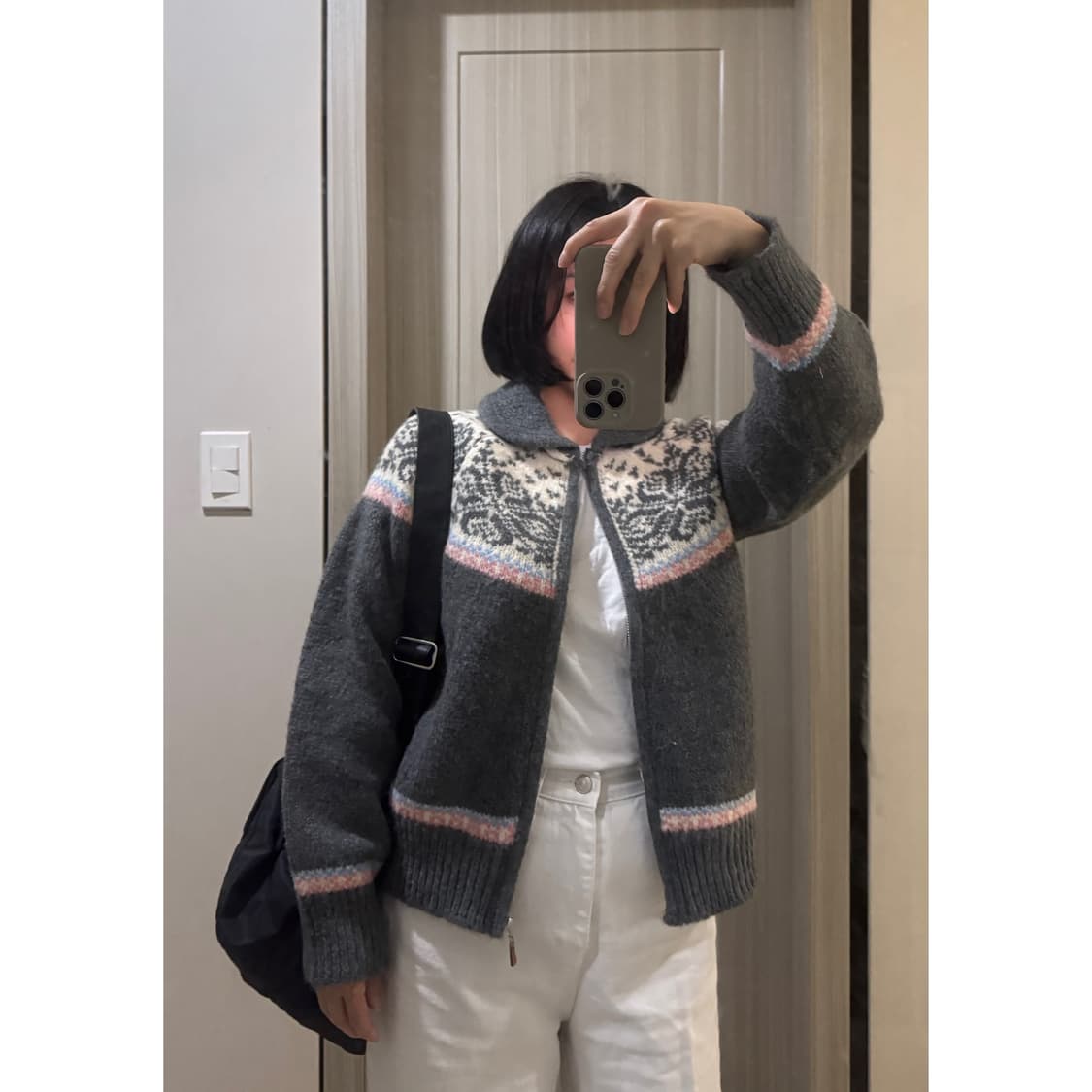 노르딕 패턴 울 니트 가디건 그레이  상품이미지3