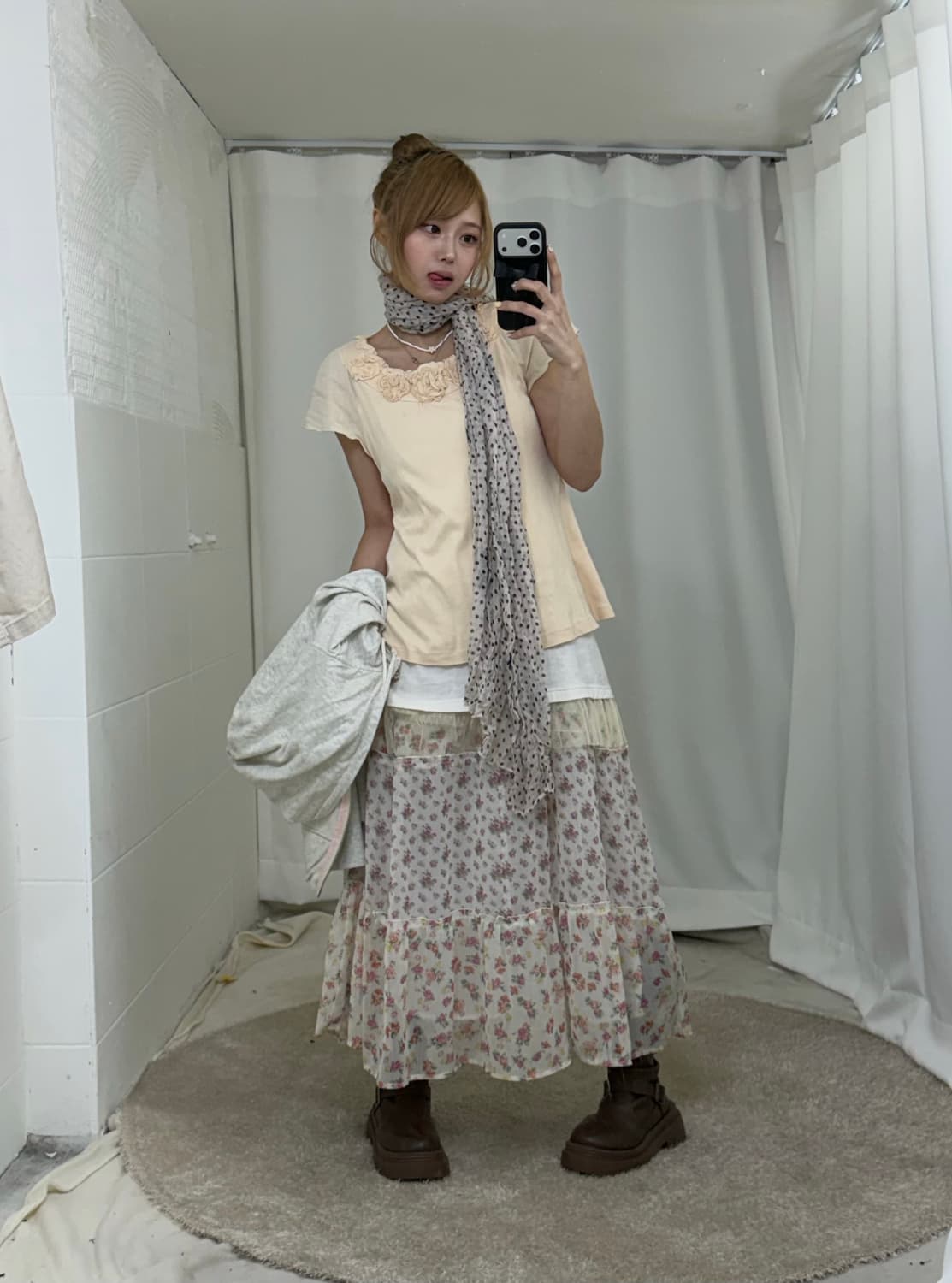 베이지 하구미 모리걸 도트 잔꽃 원피스 봄 코디세트 상품이미지3