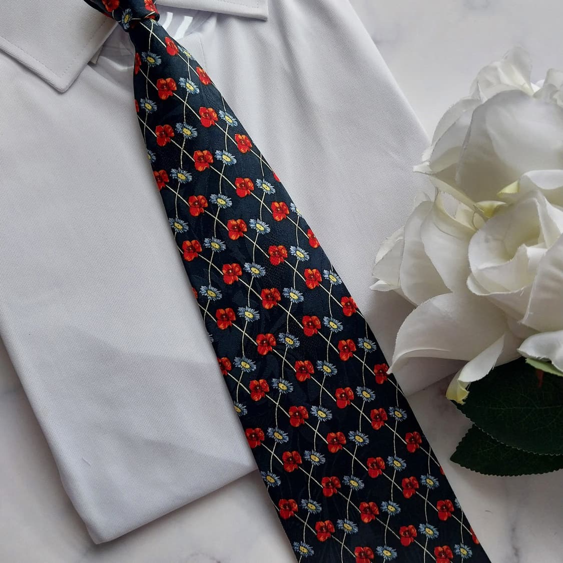 아쿠아스큐텀 실크 네이비 플라워 패턴 넥타이 10cm A+등급 K1201 상품이미지7