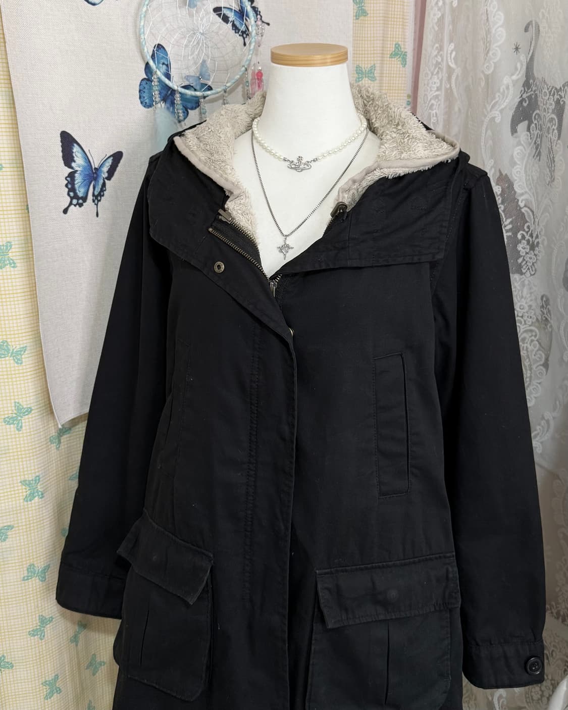 블랙 넥 버클 후드 야상 자켓 상품이미지7