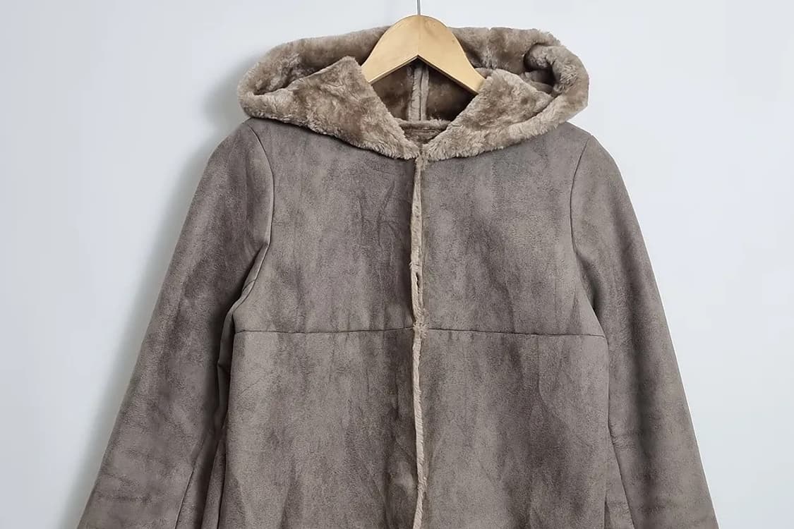 AQUAGIRL 베이지 스웨이드 후드 털 코트 상품이미지3