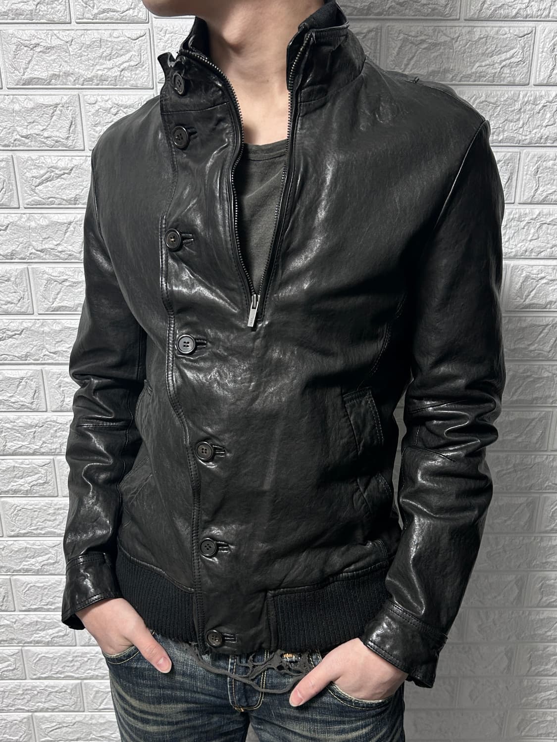 Tate 아티잔 무드  더블 넥 레더 자켓 상품이미지2