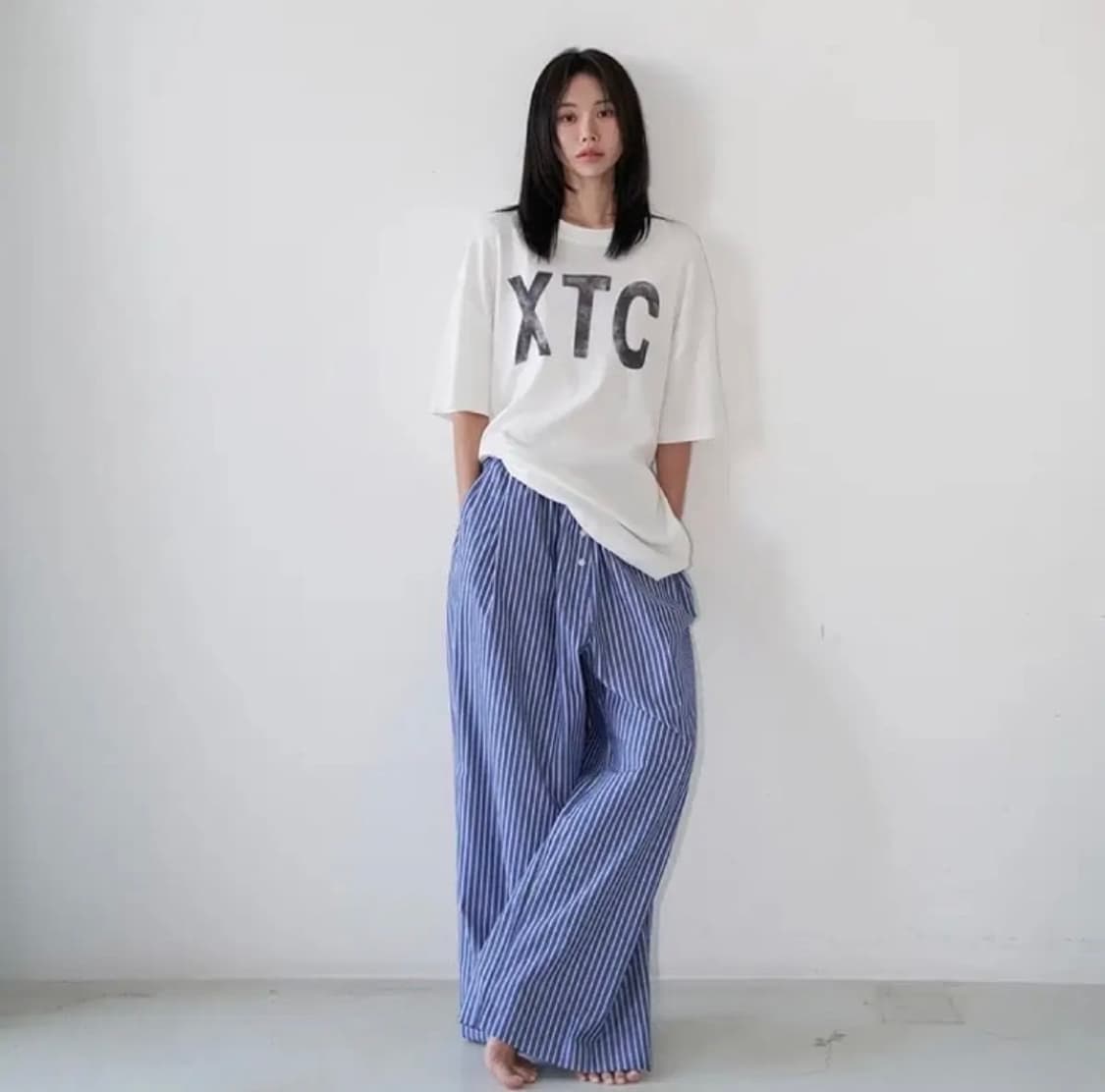 랑거 베이직 밴딩 팬츠 free 네이비 스트라이프 상품이미지1