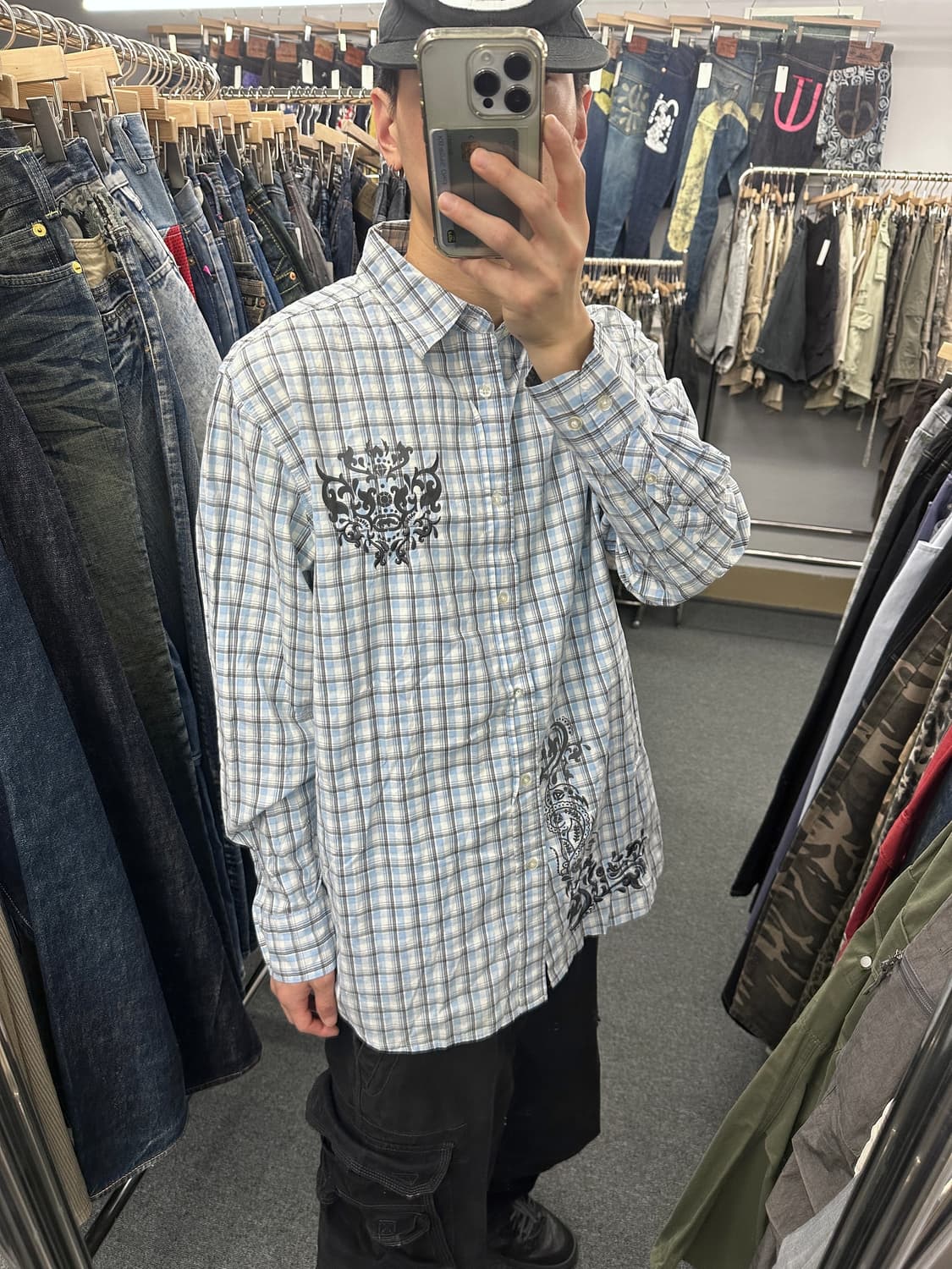 XL) ECKO UNLTD 빈티지 프린팅 오버핏 체크셔츠 상품이미지1