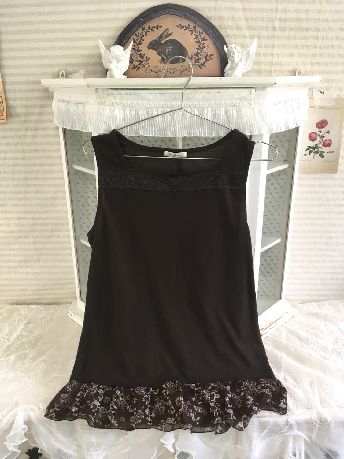 일본빈티지 브라운 레이스 프릴 슬리브리스 상품이미지3