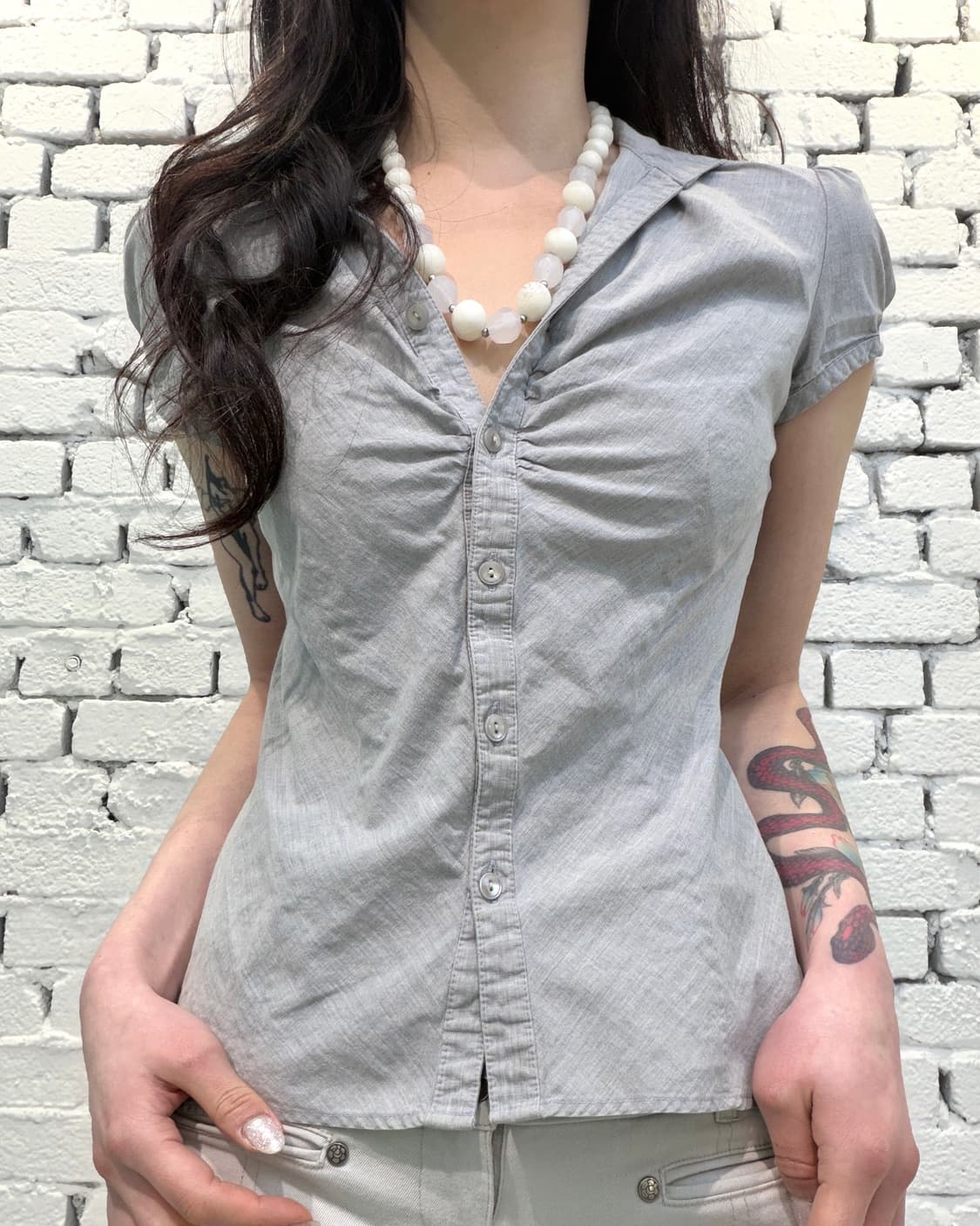 Shirred Puff Sleeve Fitted Blouse 상품이미지2