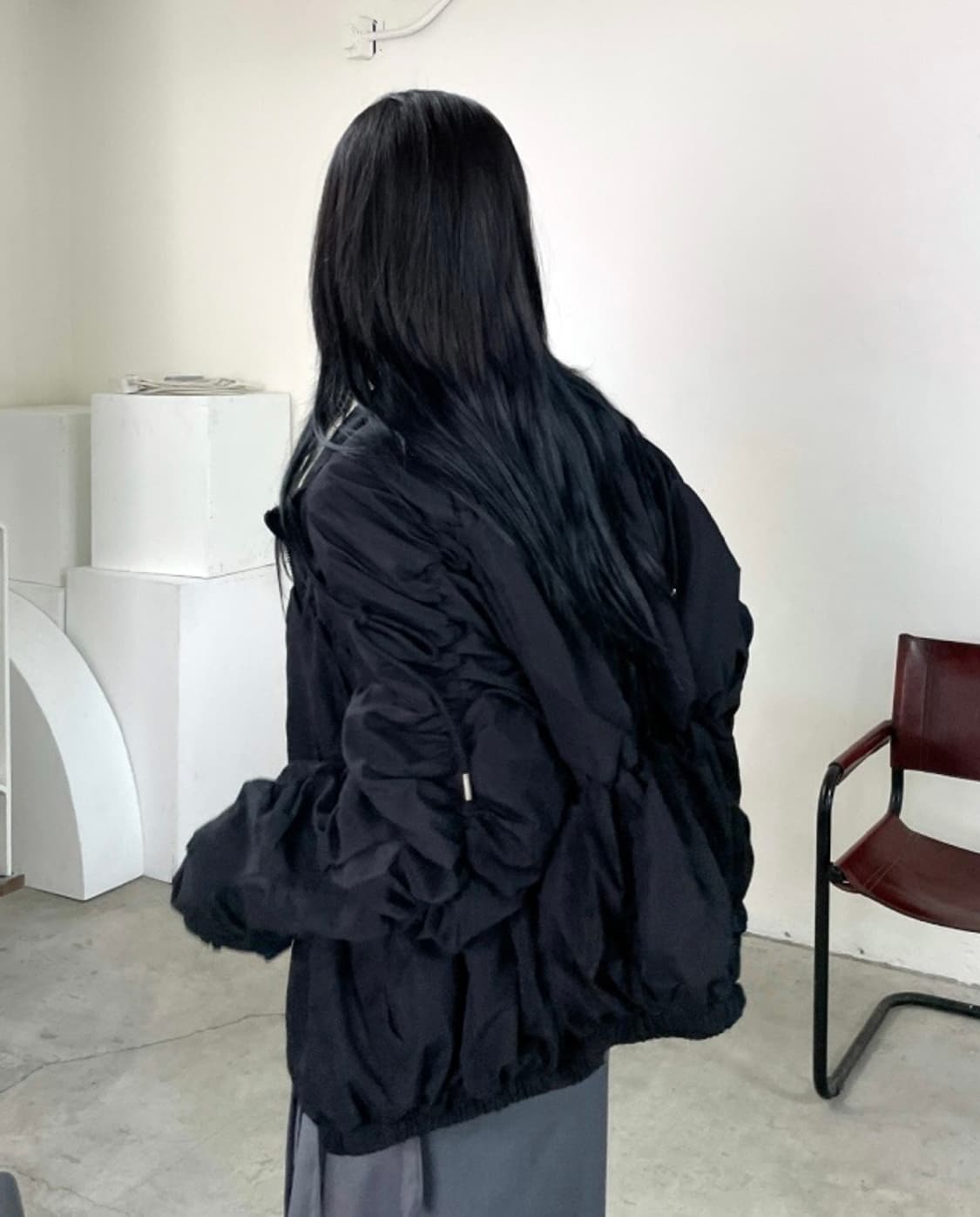 우화 미니멀 스트링 셔링 집업 자켓 점퍼 / 링클 벌룬 상품이미지3