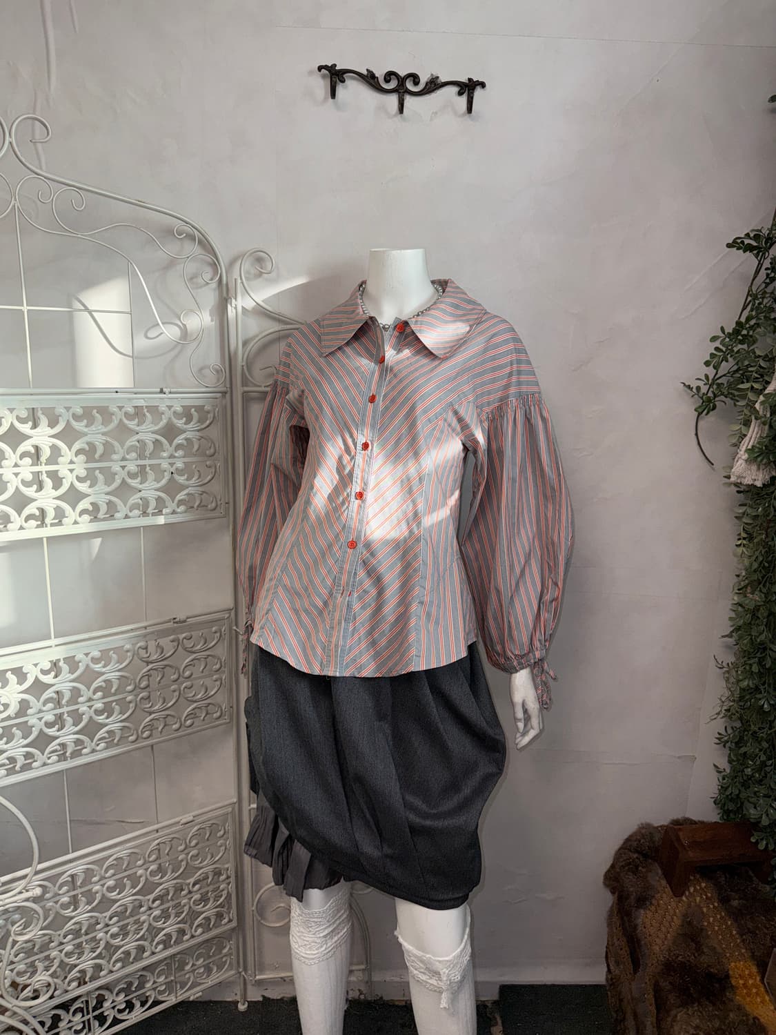 Orange gray stripe balloon puff blouse 상품이미지4