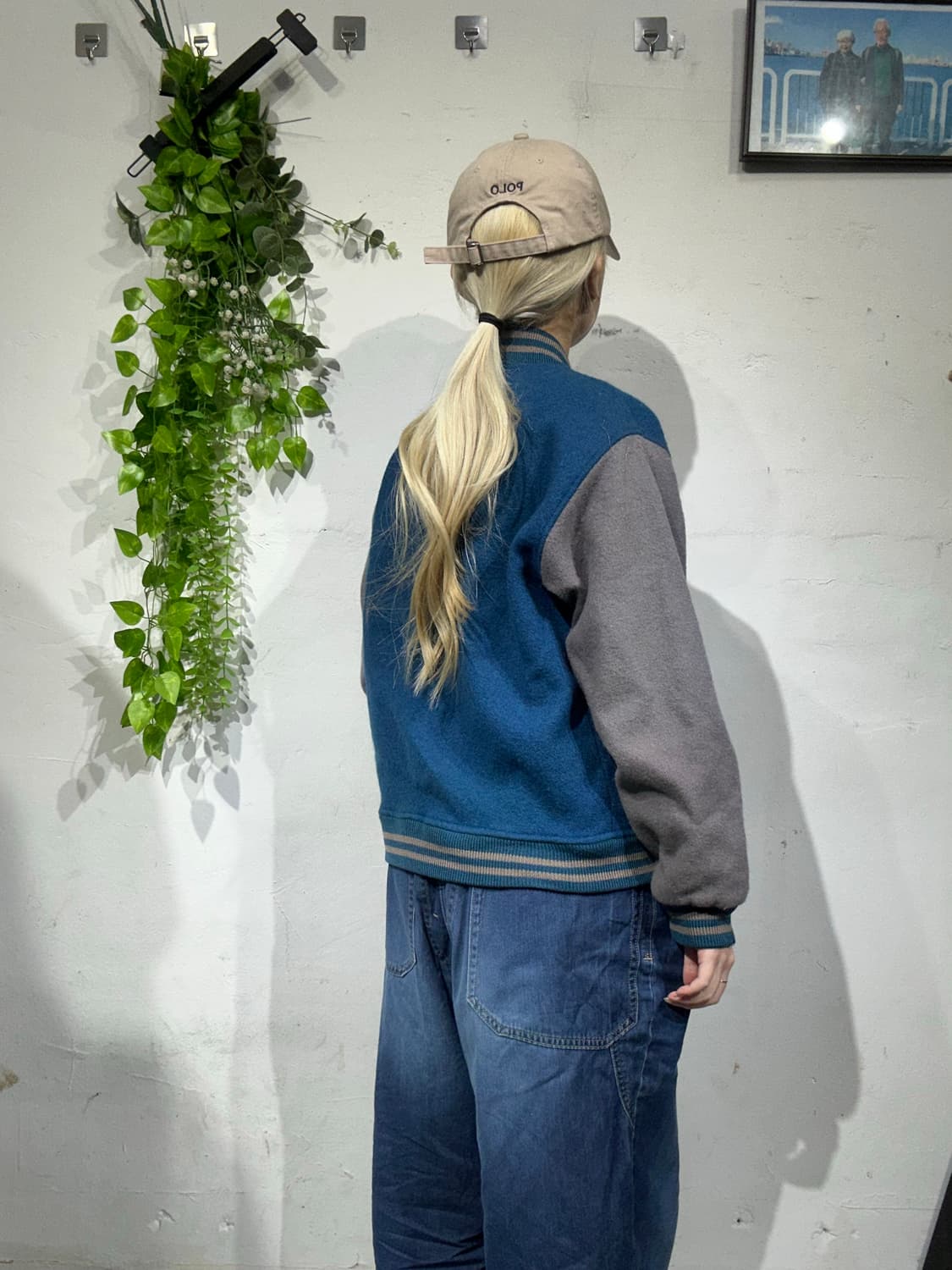 일본 빈티지 블루 그레이 BVD 자수 울 바시티 자켓 M 상품이미지3