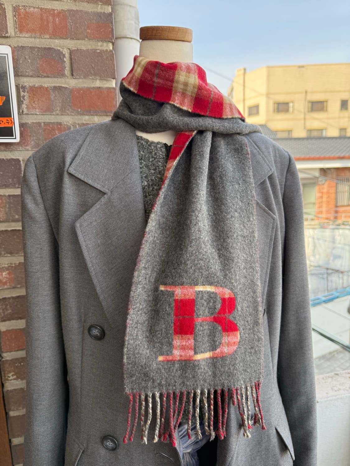 버버리 BURBERRY B로고 체크 양면 머플러 그레이 레드 FREE 상품이미지2