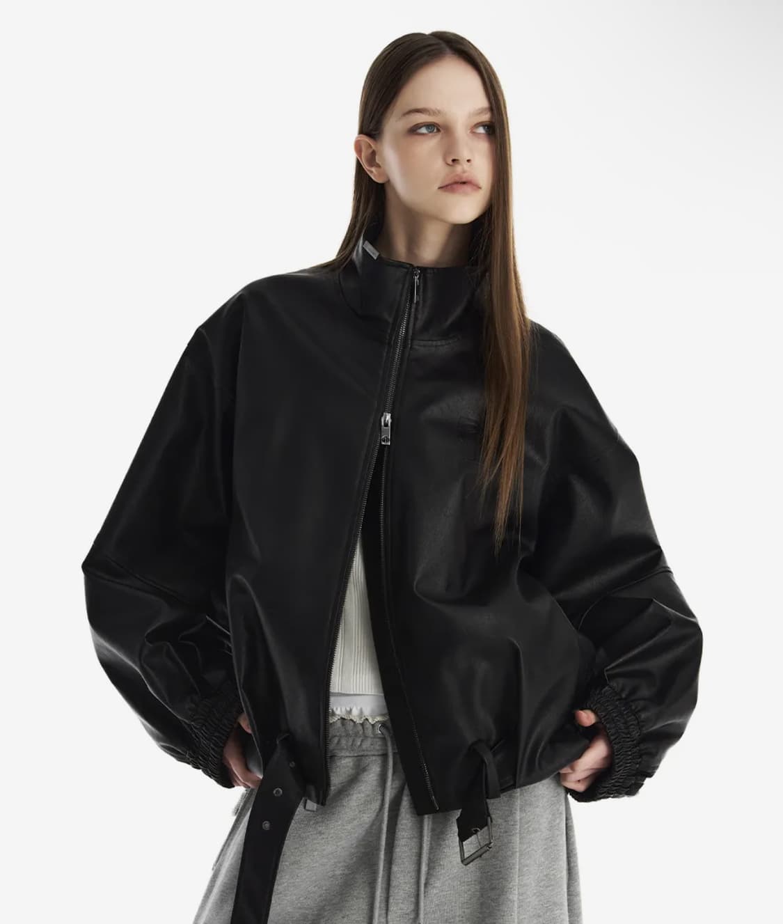 트리밍버드 벨트 오버사이즈 레더 블루종 자켓 상품이미지3