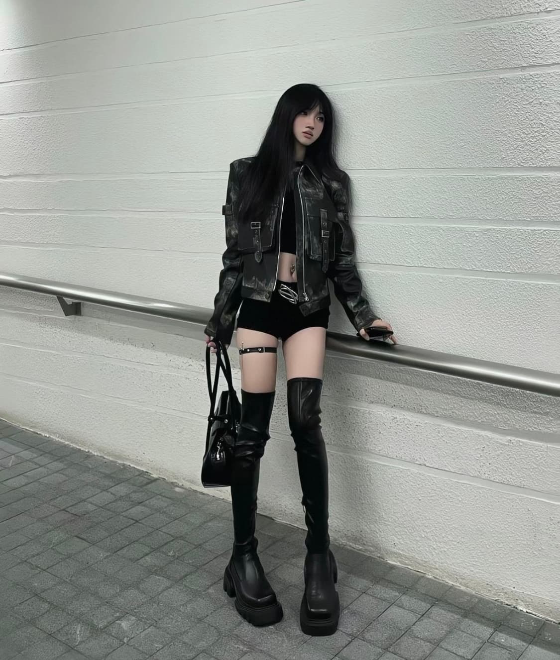 Dark Punk Cropped Leather Jacket 상품이미지3
