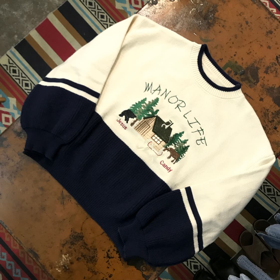 VTG 빈티지 크림 아이보리 자수 포인트 오바핏 스웨터 여성 프리사이즈 상품이미지2