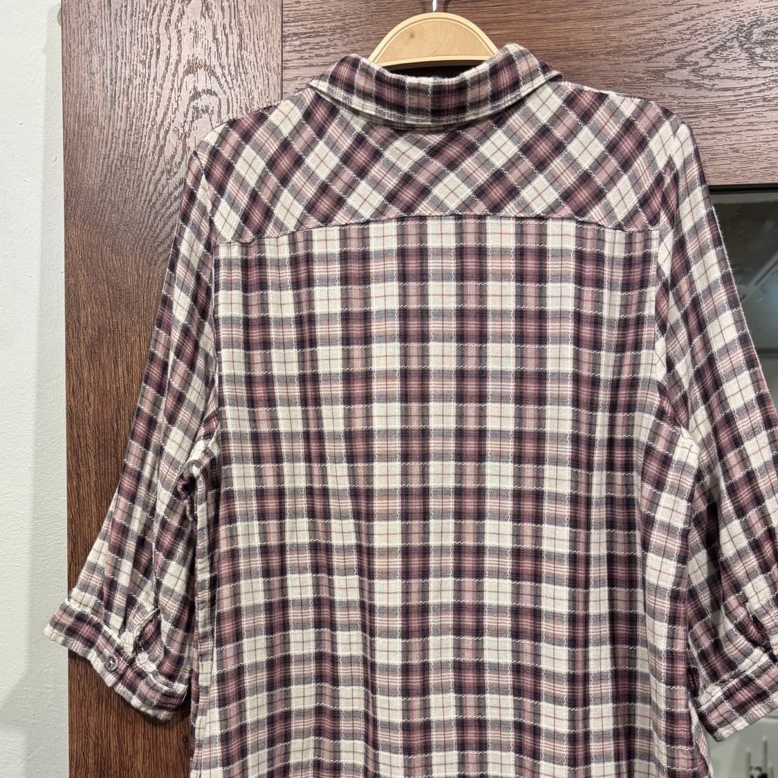 일본 빈티지 모리 너드 핑크 베이지 7부 레이어드 체크 셔츠 블라우스 상품이미지5