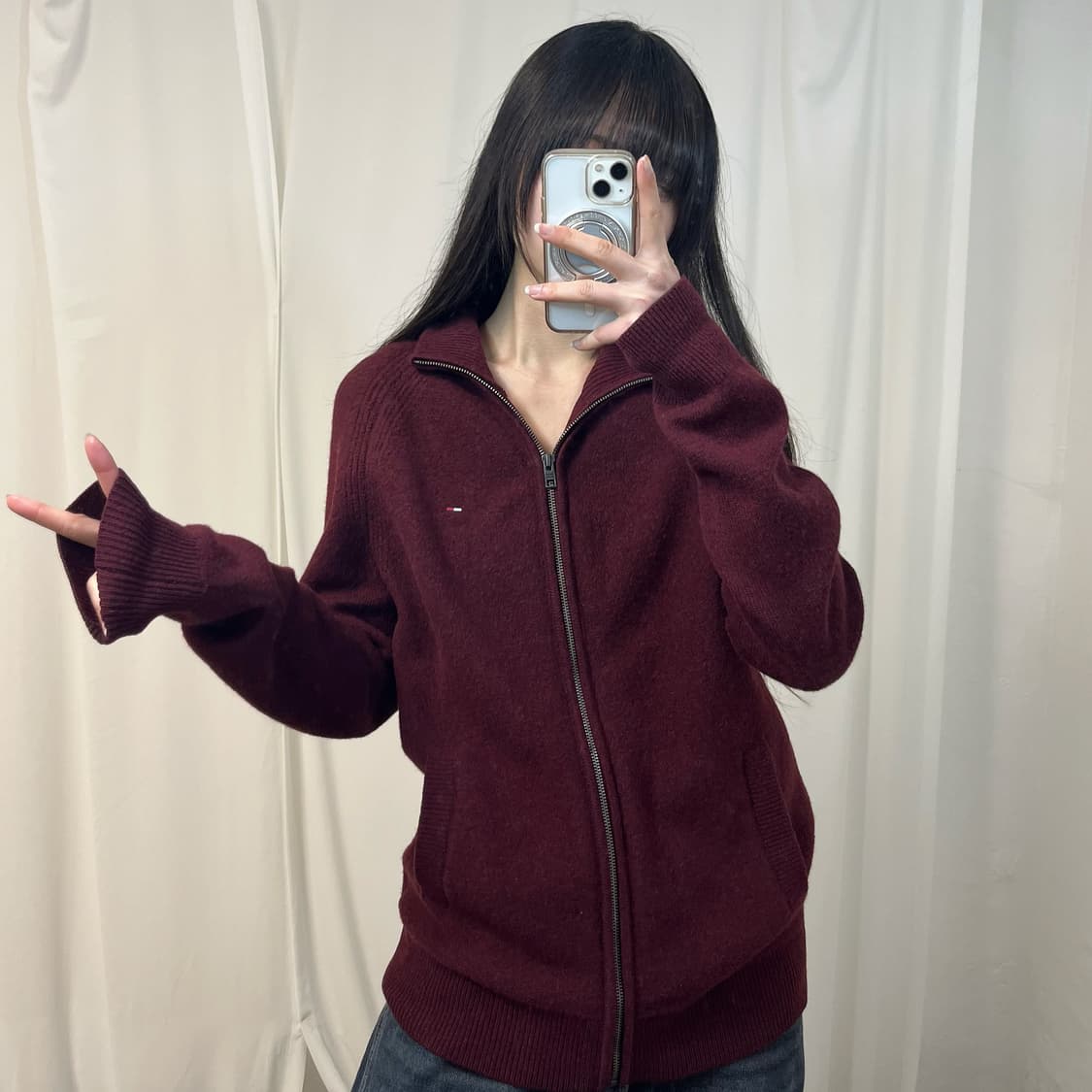 Tommy Hilfiger burgundy knit zip-up 상품이미지2