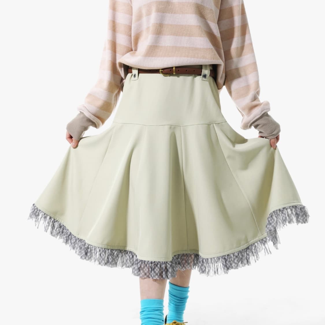 피스메이커 요크 프릴 미디 스커트 올리브 상품이미지8