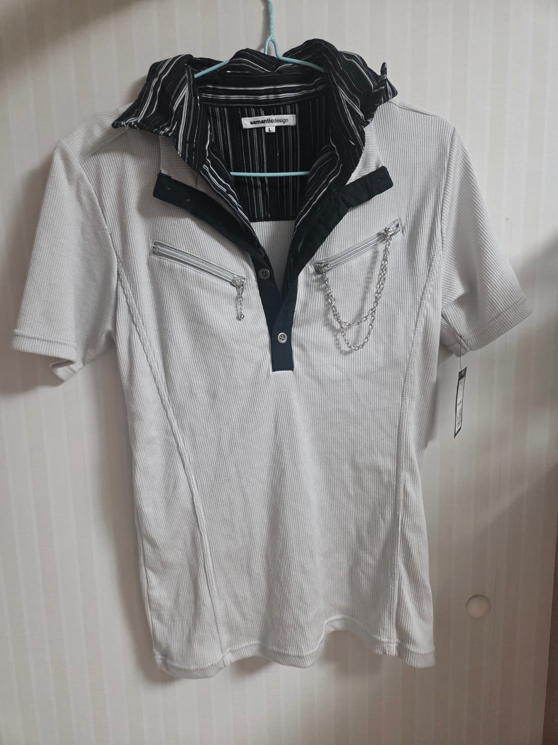 Semantic Design 베이이지 셔츠 체인디테일 펑크 락시크반팔티 상품이미지1