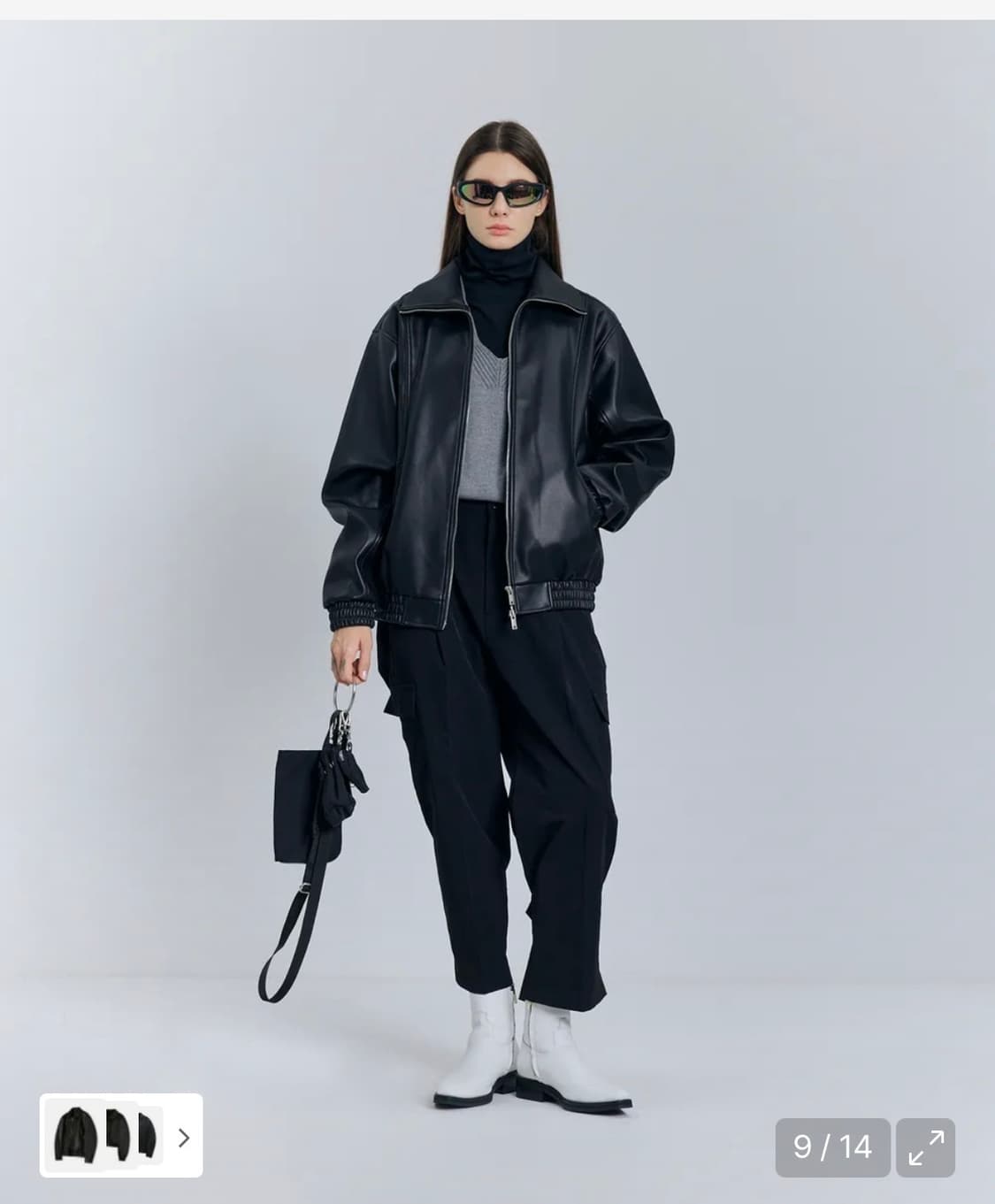 아이러니포르노 화이트라인 커브드 봄버 레더 가죽 자켓 블랙 상품이미지4