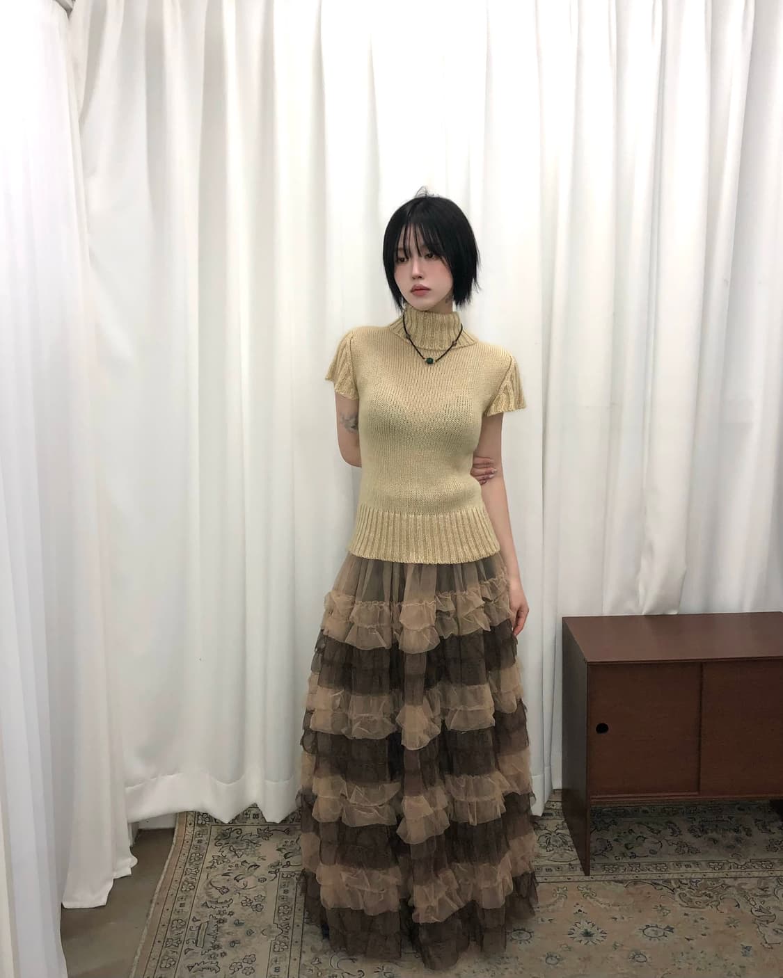 베이지 하이넥 반팔 니트 상품이미지2