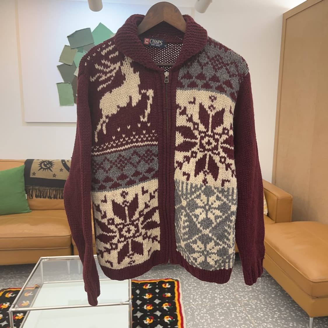 챔스 스노우 플레이크 버건디 니트 집업 가디건 L C06648 상품이미지3