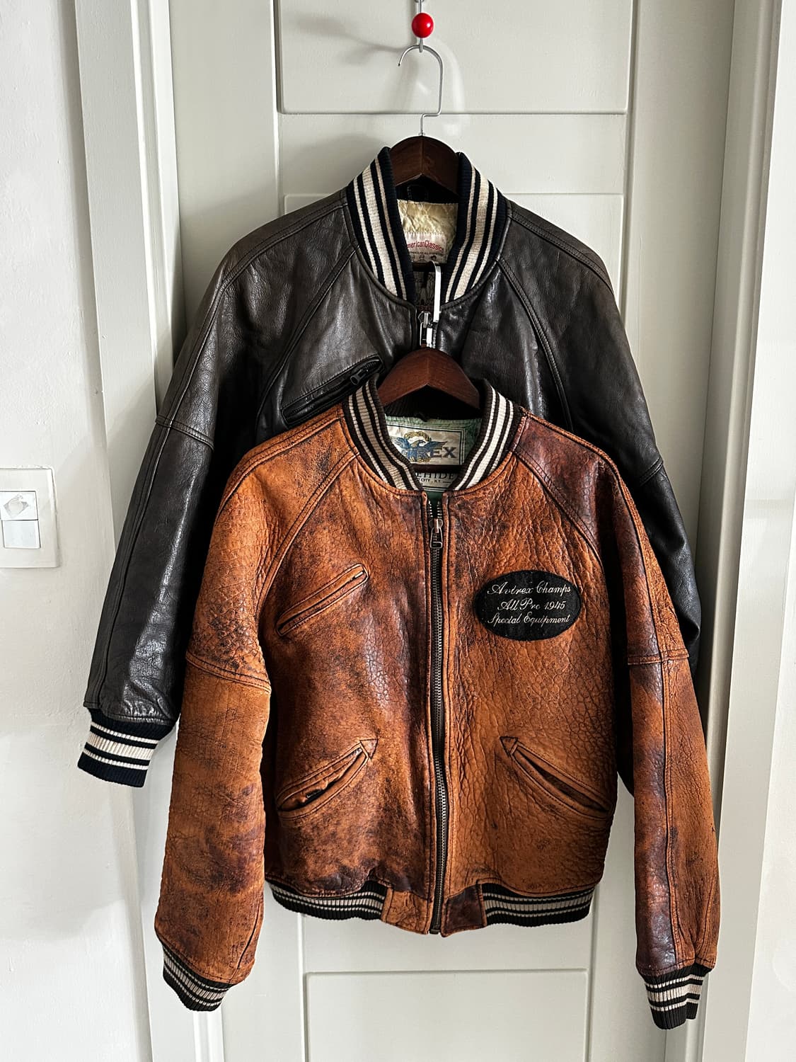 90s Avirex 아비렉스 레더 바시티 자켓 브라운 상품이미지1
