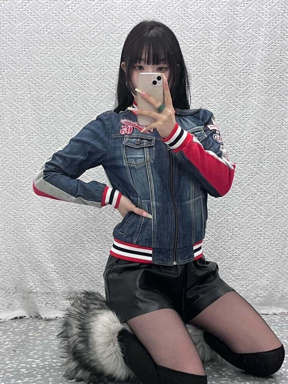 푸부 올드스쿨 Y2K 데님 패치 바이커 스웻 바시티자켓 M C09652 상품이미지1