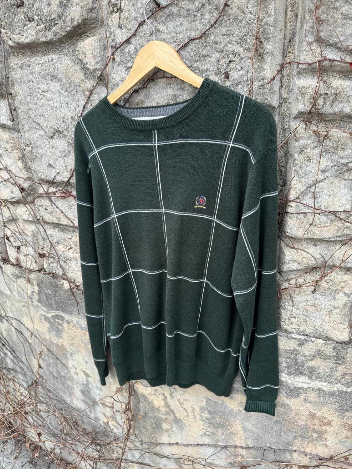 타미힐피거 빈티지 헤비 코튼 자수 로고 프레피룩 체크 패턴 니트 그린 m 상품이미지3