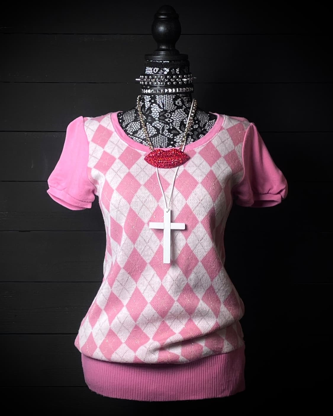 JPN 아가일 패턴 핑크 니트 반팔티셔츠 상품이미지1