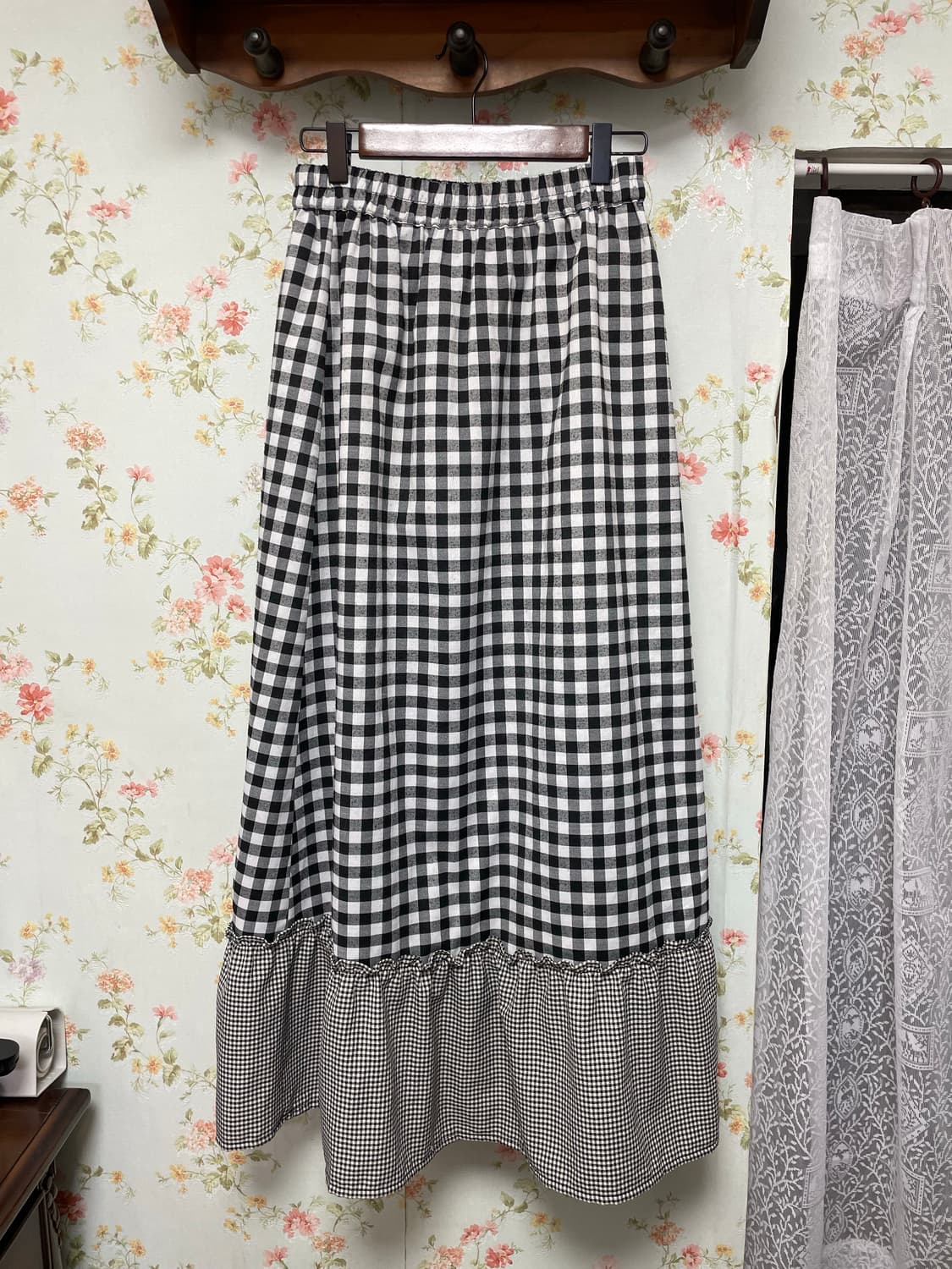 체크 배색 캉캉 롱스커트 상품이미지1