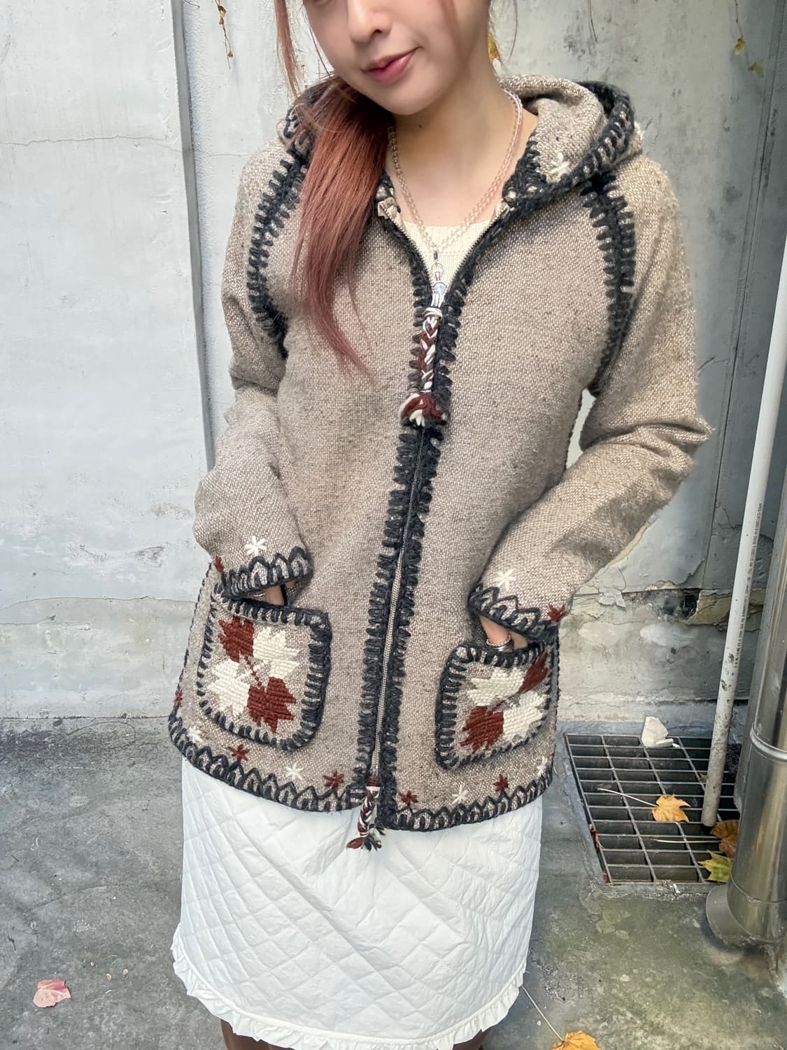 모리 하구미 단풍 스티치 울 니트 후드집업 상품이미지3