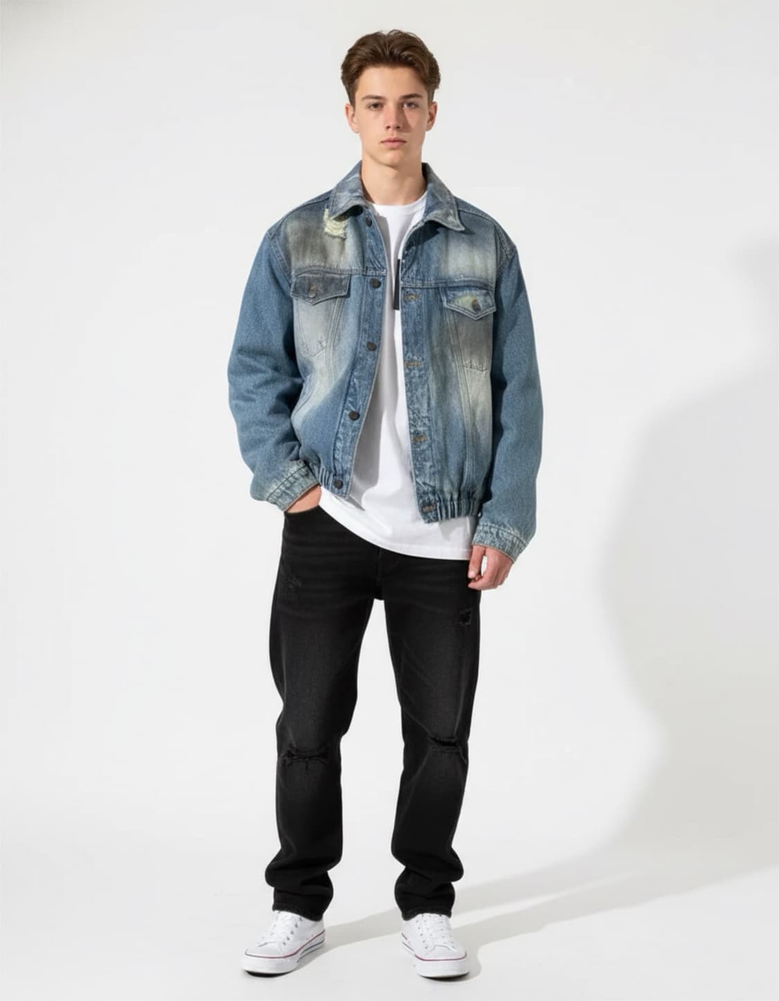 Egonlab 25ss 디스트레스 데님 세미오버 크롭봄버 자켓 상품이미지1