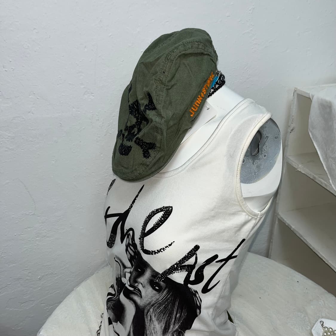 빈티지 카키 해골 자수 헌팅캡 상품이미지4