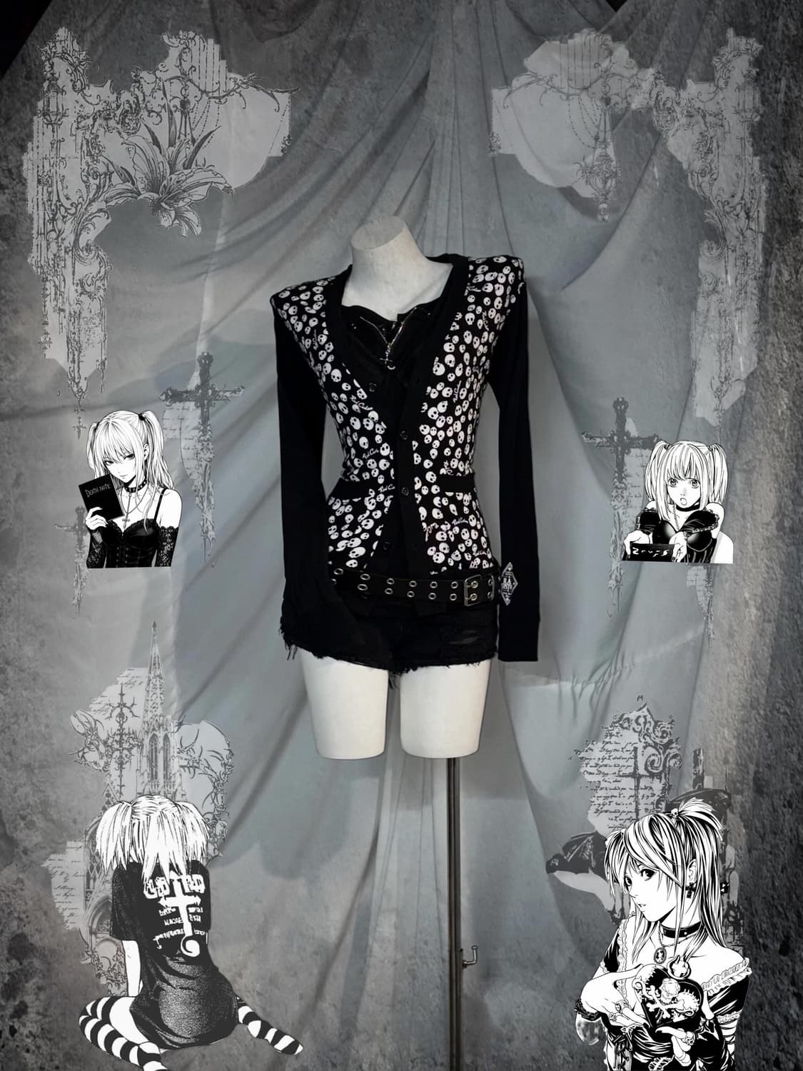 [6pcs] 미사펑크 데일리 무채색 펑크 아일렛 코르셋 십자가 코디세트 상품이미지1