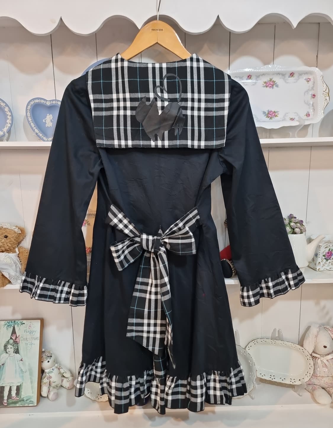 바디라인 체크 프릴 블랙 원피스 상품이미지6
